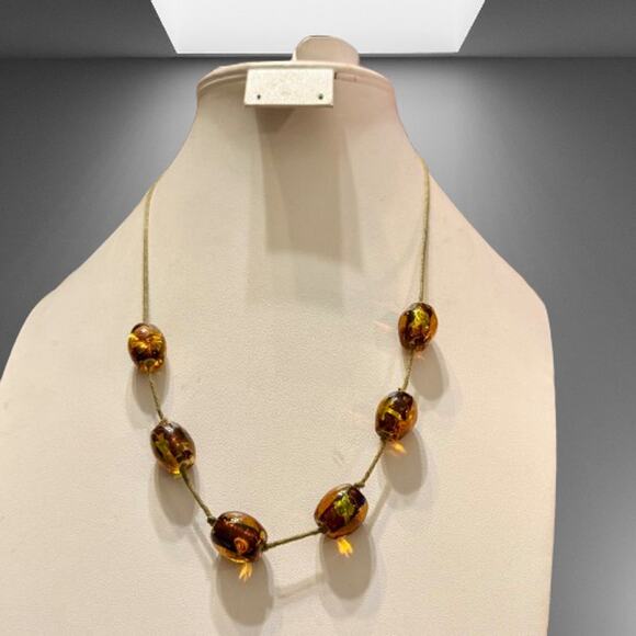 Handcrafted Artisan Amber & Green Glass Beaded  Necklace - Picture 2 of 7